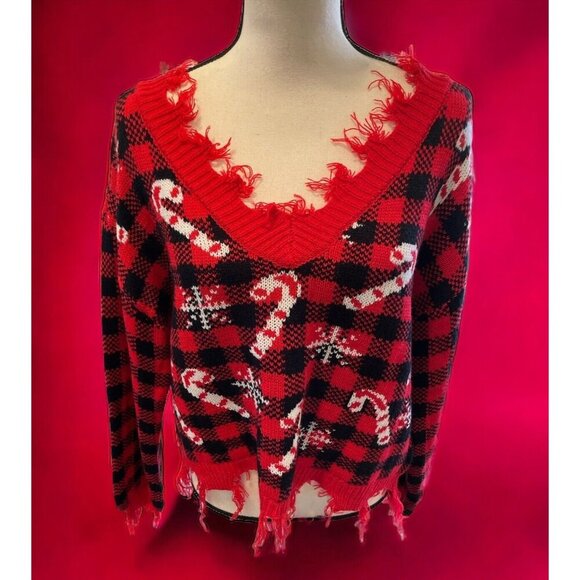 Derek Heart Distressed Cropped V Neck Sweater Junior Size L Plaid Candy Cane - Picture 6 of 16